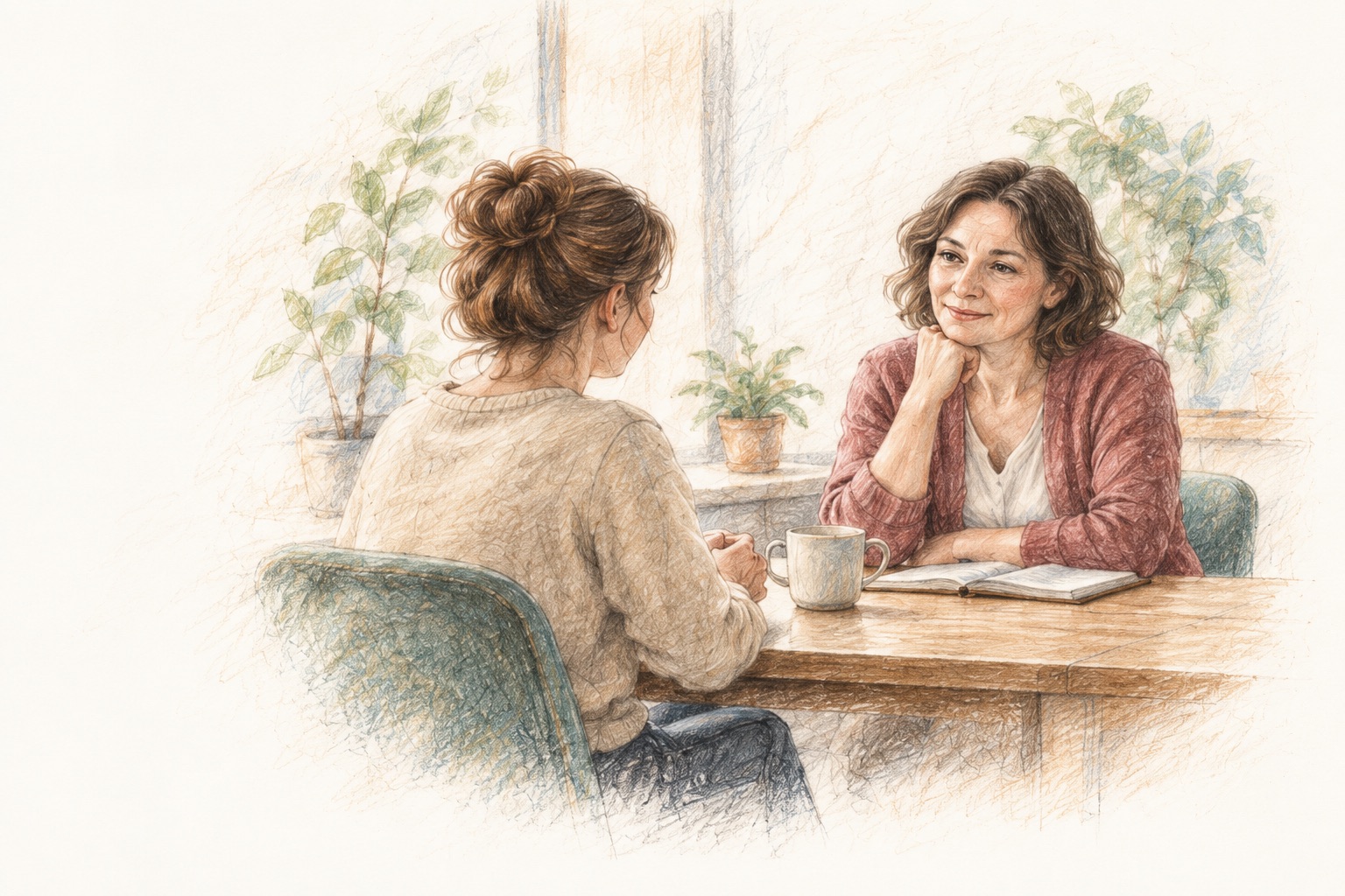 Pastelowa ilustracja dwóch osób podczas spokojnej rozmowy